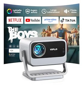 Smart Beamer【Netflix vorinstalliert & Dolby Audio】 VOPLLS Autofokus/Trapezkorrektur 40000 Lumen Beamer 4K Heimkino, WiFi6 Bluetooth Full HD 1080P Video Projektor/Outdoor für Handy/PC