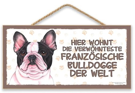 FRANZÖSISCHE BULLDOGGE (24) - Holztierzeichen, Haustierschild mit Schnur mit farbigen Bild/Zeichnug. Tür-, Torschild. Wanddekoration aus Holz. (Hier wohnt...).