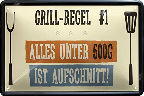 WOGEKA ART Retro Blechschild - Grill-Regel: Alles unter 500 gr ist Aufschnitt - witziger Spruch Geschenk-Idee Geburtstag Weihnachten Dekoration 20x30 cm Vintage-Design Metall 863