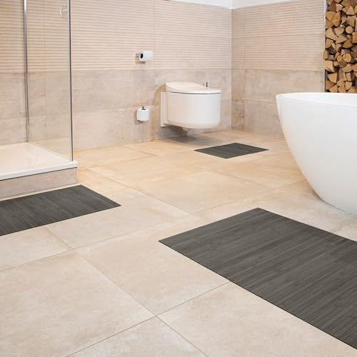 DE-COmmerce Bambus Badematte Lines im 3-er Set, Badteppich, Holzteppich, Bambusmatte, Badezimmer, rutschfest, Farbe: Steel