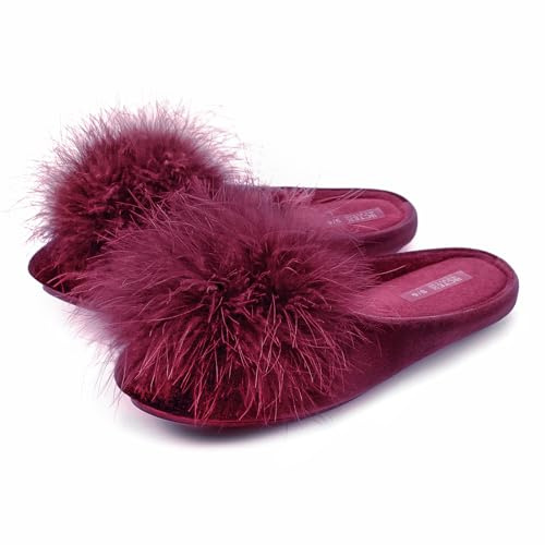 BCTEX COLL Women's Cozy Velvet Memory Foam House Slipper, Ladies Fuzzy Bedroom Slipper Non-slip Sole, Wine Red, 7-8