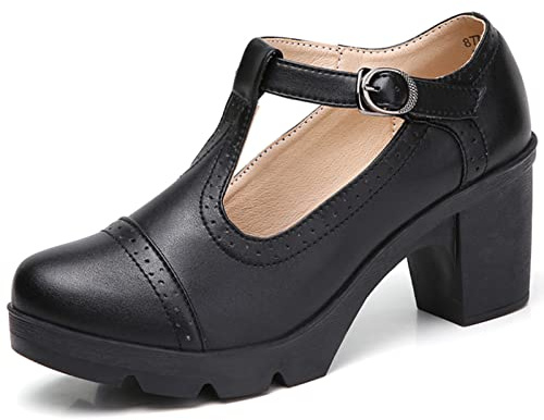 DADAWEN Women's Leather Classic T-Strap Platform Chunky Mid-Heel Mary Jane Square Toe Oxfords Dress Pump Shoes Black US Size 8.5