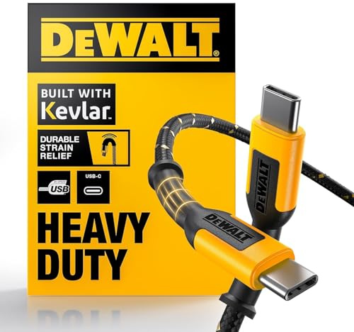 DEWALT Heavy Duty USB C Cable, Jobsite 60 Watt USB C Cable, High Speed Type-C to Type-C, Fast Charge PD USBC Fast Charging Cord for iPhone 17/16/15 Plus Pro Max MacBook iPad Samsung Galaxy, 1.8m | Type-C to Type-C, Fast Charge PD USBC Fast Charging Cord for iPhone 16/15 Plus Pro Max, MacBook, iPad, Samsung Galaxy