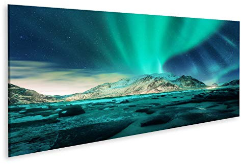 bilderfelix Bild auf Leinwand Aurora über verschneite Berge, Sandstrand mit Steinen. Nordlicht auf den Lofoten, Norwegen. Sternenhimmel mit Polarlicht. Nächtliche Winterlandschaft mit grünem P