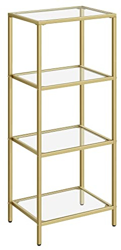 VASAGLE Étagère en Verre 4 Niveaux, Bibliothèque, Étagère de Rangement, Verre Trempé, Facile à Monter, pour Salle de Bain, Salon, Chambre, Bureau, Doré LGT28G