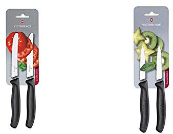 Victorinox 11 cm Swiss Classic Serrated Edge Tomato/Utility Knife in Blister Pack, Set of 2, Black & 8 cm Pointed Tip/Serrated Edge Blister Packed Paring Knife, Pack of 2, Black
