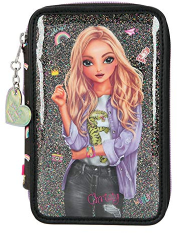 Depesche 11211 TOPModel - Gefüllte 3-fach Federtasche im Girlz Club Design, schwarze Federmappe ca. 7,5 x 13 x 20 cm groß, mit Filz- und Buntstiften, Lineal, Schere, Kleber, uvm.