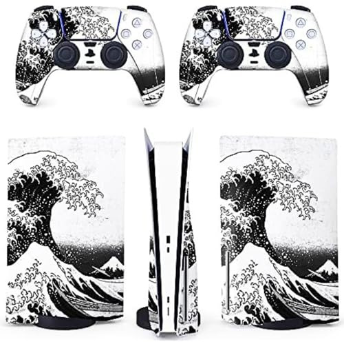 BelugaDesign Autocollant en Vinyle pour Manette de Console PS5 Wave - Motif Kanagawa - Compatible avec Sony PlayStation 5 (Disque Standard PS5, Noir et Blanc)