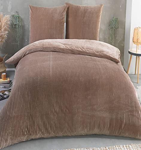 Kuscheli® Winter Wende Plüsch Bettwäsche 135 x 200 od. 155 x 220 mit 80x80 Kissenbezug Cashmere-Touch Coral Fleece Deckenbezug, Farbe:Taupe, Größe:200x200 + 2X 80x80