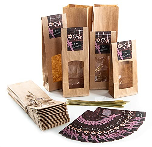 Logbuch-Verlag 25 kleine Gebäckbeutel für Plätzchen Kekse Pralinen MIT SICHTFENSTER MIT Banderole zum sicheren Verschließen 8,5 x 5 x 26,5 cm
