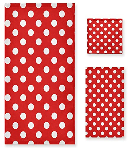 DOMIKING Polka Dot Red Bath Towels Set of 3 Pieces Absorbent Hand Towels Pure Cotton Facial Washcloths Beach Hair Towel Extra Large for Women Kids Girls Decor and Accessories