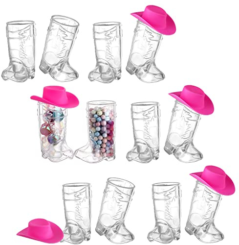 20 Pcs Plastic Mini Western Cowboy Cowgirl Hat and 10 Pcs Plastic Boot Shot Glasses Miniature Cute Doll Hat Cowboy Boot Cups (Pink)
