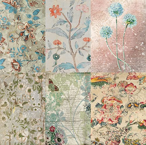 Lot de 6 feuilles de papier de riz effet vieilli - 20,32 x 26,67 cm - Différentes images imprimées - 30 g/m² - Fibres visibles pour découpage, travaux manuels, collage artistique