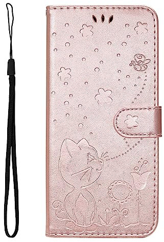 JZ 3D Katze und Biene Cover Fall Für 1+11 2023 / One Plus 11 Protective Kickstand Handyhülle mit Kartensteckplätzen [Magnetic Armst Strap] -Rose Gold