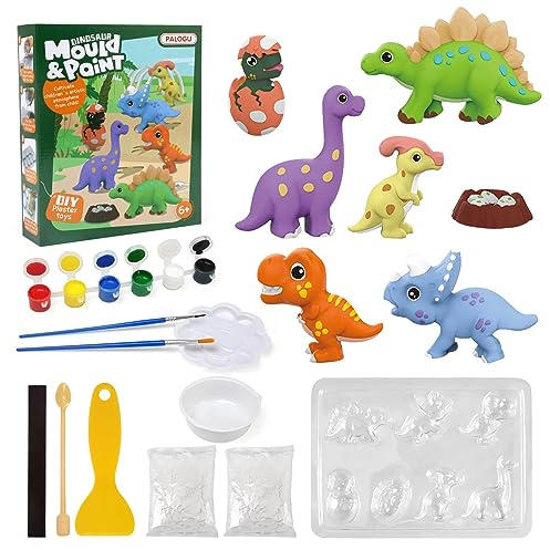 LinStyle Kinder Malset Bastelset,Dinosaurier Gipsgießen Set,7 Muster Dinosaurier Bastelset Kinder,Dinosaurier Gipsfiguren zum Gießen & Bemalen,Geschenk zum Basteln für Jungen Mädchen ab 6 jahre