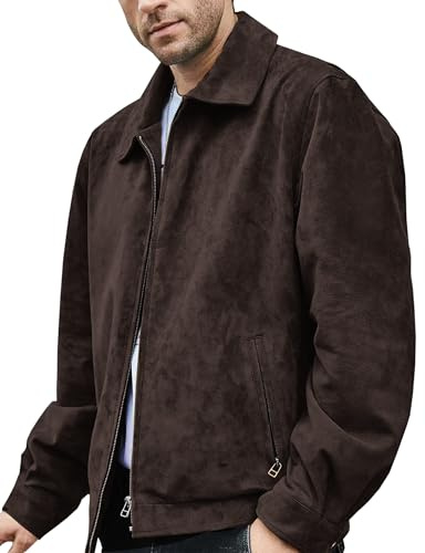 FLAVOR Chaqueta bomber de cuero genuino y ante abrigo casual para hombre (Marrón Oscuro, XL)