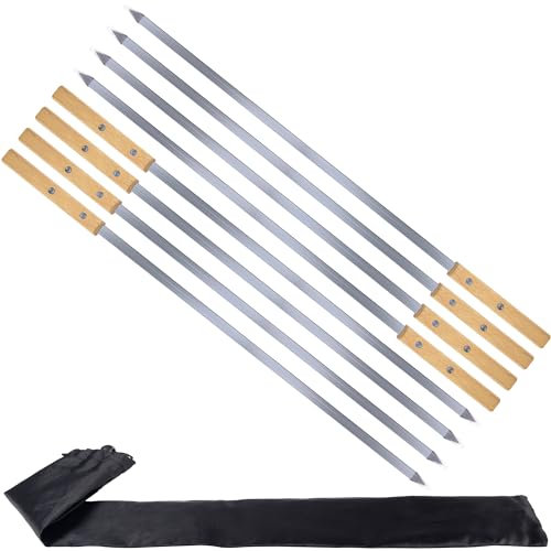 AWCIGG® 8 Piezas Brochetas Barbacoa de Acero Inoxidable con Mangos de Madera de Haya, 55cm Pinchos Barbacoa Extra Largas, Brochetas de Barbacoa Reutilizables para Fiestas Barbacoa