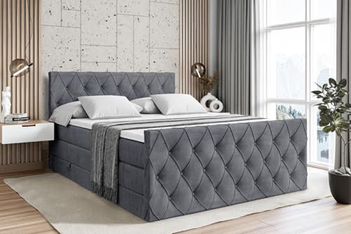 ALTDECOR Boxspringbett mit Matratze und Lattenrost, Topper, Fußteil, Polsterbett mit Bettkasten, Bett mit Stauraum H3- und H4- Matratze,Springboxbett - Amay King - 180x200 - Dunkelgrau Samt
