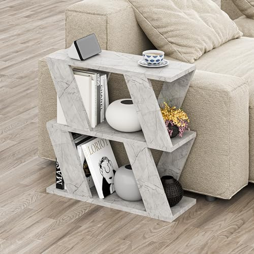 Schmaler Side Table mit 2 Ablageflächen| moderner 2-stufiger Beistelltisch im schlanken Design| platzsparender End Table für Sofa| Wohnzimmer und Büro| 22 x 60 x 57 cm (Goldener Marmoreffekt)