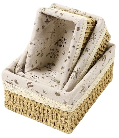 Juego De 3 Cestas De Almacenamiento Tejidas Hechas A Mano, Cestas De Almacenamiento Tejidas Con Cuerda De Papel Y Contenedores De Revestimiento Para Estantes, Cestas De Almacenamiento Decorativas