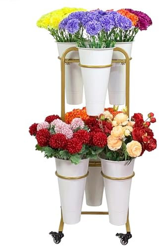 Présentoir de Fleurs avec Seau à Fleurs, étagère Mobile en métal pour Bouquet de Fleuriste pour Magasin de Fleurs fraîches, étagère Mobile pour Chariot à Plantes avec roulettes
