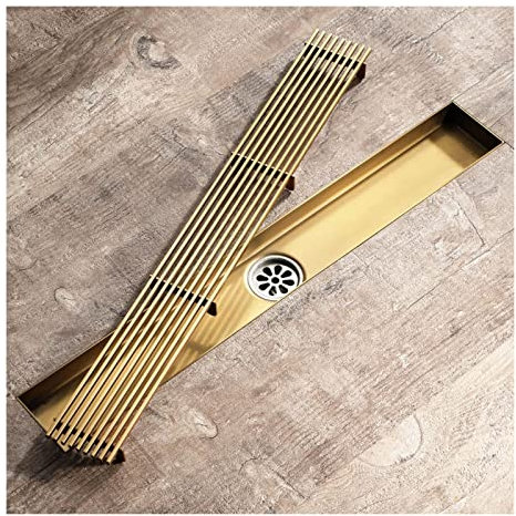 Generisch Linearer Duschablauf, 11,8/23,6 Zoll Bodenablauf, rechteckiger linearer Ablauf aus Edelstahl 304 mit Haarfänger, Duschablauf, hoher Durchfluss, gebürstetes Gold, 60 cm