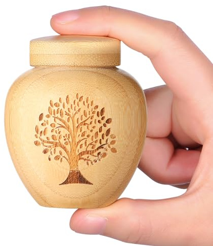 Urna pequeña para Cenizas humanas de bambú, Mini Recuerdo con patrón de árbol de la Vida Grabado para Personas y Mascotas (árbol de la Vida, 1 Unidad)
