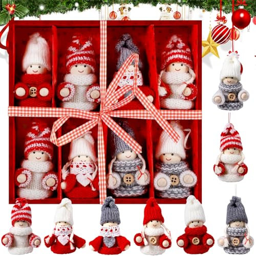 ZQEJEFD 8Pcs Lutins Suspensions pour Sapin de Noël, Lutins/Bonhommes Tricotés,Mini Bonhommes Tricotés Pendentif de Ange Decoration de Noel pour Sapin,Petit Gnomes Figurine Noel en Bois Faite à la Main