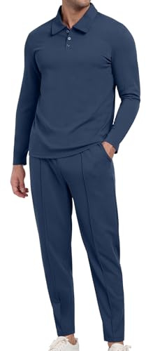 KUYIGO Men's Polo Tracksuits 2 Pieces Waffle Sweatsuit Sets Workout Top & Bottom Sets Sports Jogging Suit Casual Set Long Sleeve Outfits L Navy