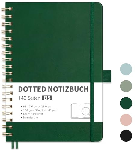 RETTACY Notizbuch B5 Dotted, Bullet Dot Journal mit 100 g/m² Dickem Papier, 70 Blatt, Notebook für Büro und Schule, Lederhülle, Lederhülle, 17.6 cm x 25 cm