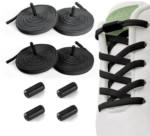 2 Pares Cordones Elasticos Sin Nudo, Cordones Negro con Hebilla Metal, Cordones Universales Ajustables, Cordones de Zapatillas para Niños y Adultos