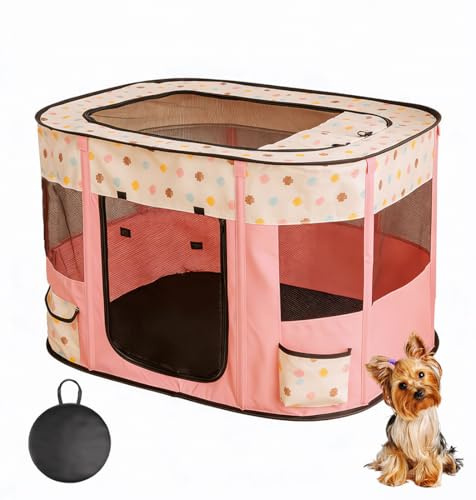 Floving Tragbares Hundehaus,Haustierzaun, 70x55x45cm,Faltbarer Haustier-Laufstall,rechteckig,Lieferraum,Katzenhöhle,Katzenhütte,Welpenhaus,Zwinger,geschlossenes Haustierzelt mit (Rosa)