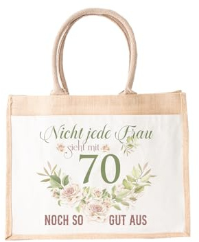 LIEBTASTISCH - Nachhaltige Jutetasche - Geschenk zum 70. Geburtstag Frau - Nicht jede Frau sieht in diesem Alter noch so gut aus (70 Jahre, M (30x30x19 cm))