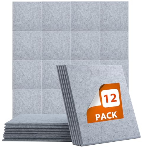 Toemics 12 Pack Sound Proofing Panels Self Adhesive 30x30x1cm Wall Soundproofing Panels Acoustic Absorption High Density Foam Tiles for Recording Studio, Podcast Studio, Living Room, Offices,Grey