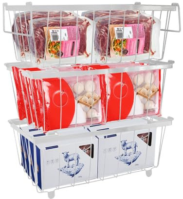 Paquete de 3 Cesta Congelador Grande, 34*18*14cm Cesta Para Congelador Arcon Organizador Congelador Vertical Con Asa Plegable Cestas Organizadoras Para Verduras, Despensa, Nevera Y OrganizacióN