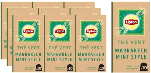 Lipton Thé Vert Marrakech Mint, 100 Capsules Compatibles Nespresso, Antioxydant et Parfumé, Menthe Fraîche et Délicate, Label Rainforest Alliance, x10 Capsules