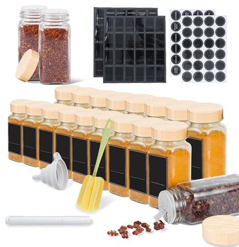 NAIZY Tarros de especias rectangulares, 24 unidades, 120 ml, tarros de especias con inserto para dispersión, etiquetas impermeables, embudo, cepillo de limpieza, recipiente para especias, accesorios