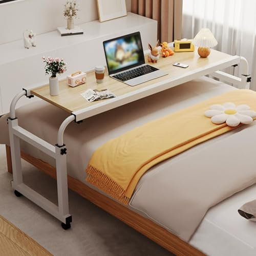 Überbetttisch mit Rollen, rollender Laptoptisch über dem Bettschreibtisch, stehender Laptopwagen für Arbeitsstationen, Arbeitstisch für das Homeoffice oder Krankenhaus (natürlich, 140 x 45 x 65 cm)