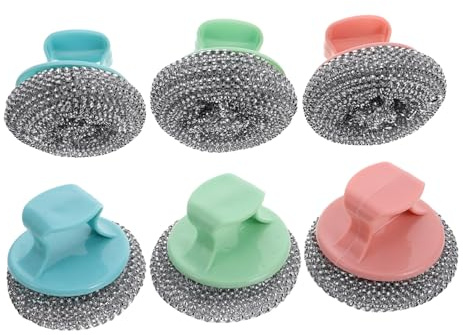 TOKIDNY 6pcs Stainless Steel Pot Scrubber Detachable Handle Heavy Duty Metal Wire Sponge Brush Non-damaging Kitchen Pan Cleaning Dishwashing Scrubbers Set