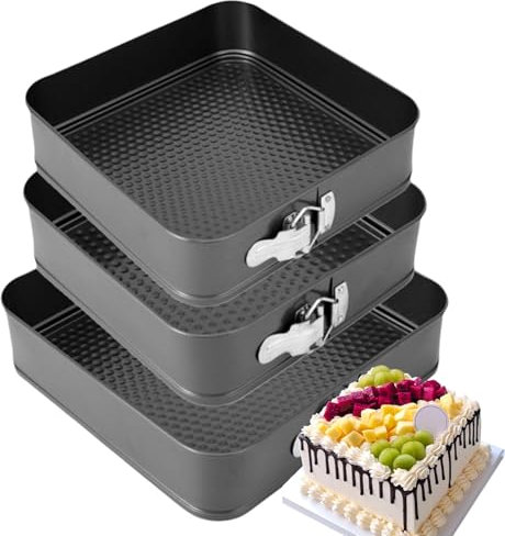 Pasdrucn 3 Pcs Moule à Manqué Démontable avec Charnière, Moules à Gâteaux, Professionnel Moule Layer Cake, Moule Coeur Gateau, Moule Gateau Rond, Moule Gateau Coeur, Moule à Manqué Rond (Carré)