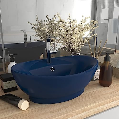 Myheimly Luxus Waschbecken mit Überlauf Waschschale Aufsatzwaschbecken Waschtisch Waschplatz Handwaschbecken Oval 58,5x39cm Keramik Matt-Dunkelblau