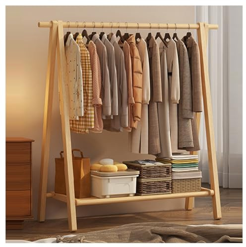 BEARQUN kleiderständer Holz Garderobe, Faltbare Vintage Garderobenständer Holz, Stand Kleiderständer mit ablage und 2 Haken, kleiderstange freistehend, Natürliche Buche, Hoch : 150CM