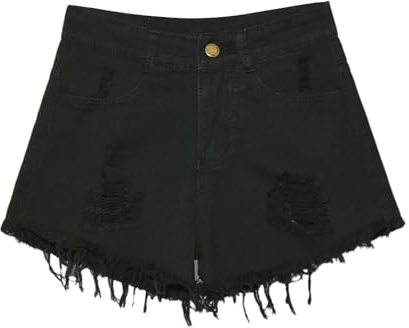 Short en jean d'été pour femme - Style preppy - Taille plus - Pantalon déchiré avec ourlet effiloché - Shorts tendance pour une tenue décontractée, les fêtes et la mode quotidienne, Noir , M