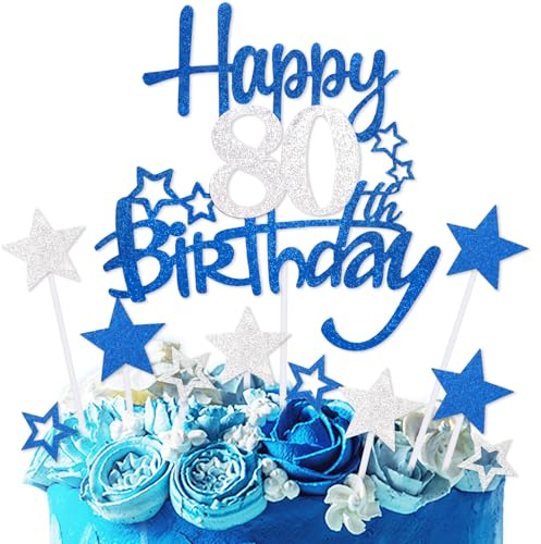 Royal Blue Silver Happy 80th Birthday Cake Toppers,80th Birthday Decorations for Men,Personalised Cake Topper Blue Silver Star Cake Toppers for Men Women Birthday Party Decorations Supplies