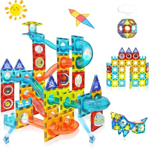 Lot de 75 blocs de construction magnétiques pour enfants à partir de 3 ans - Piste de boule lumineuse - Jouet éducatif et jouet de construction