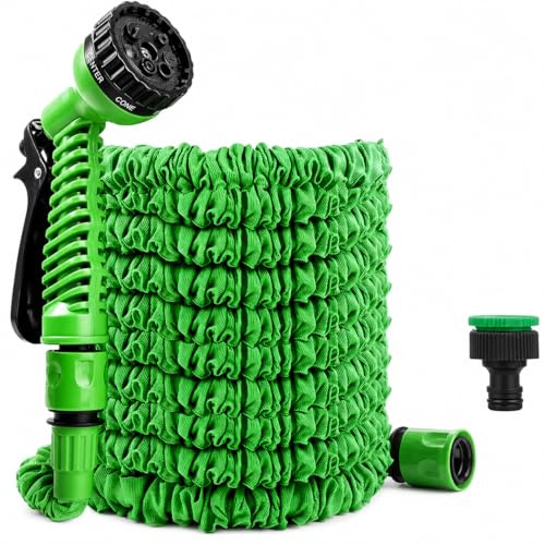 CABLEPELADO - Manguera Extensible de Jardín, Hasta 15m, 7 Modalidades de Riego, Pistola de Agua Incluida, Fabricada en Polipropileno, Verde