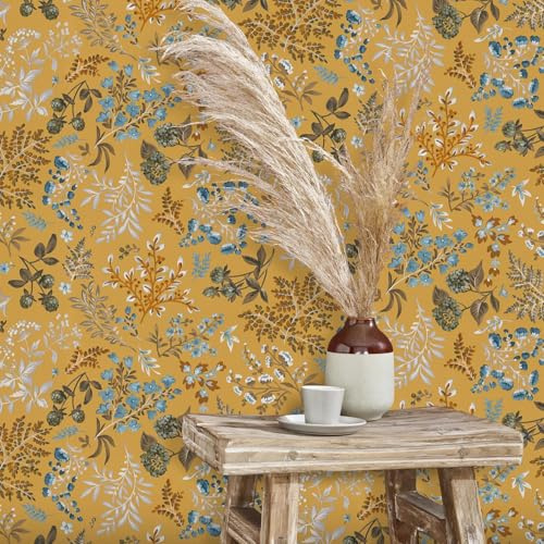 SOPHIE LAURENCE Yellow Floral Leaves Wallpaper Multi Flowers Smooth Finish Feature Wall Lounge