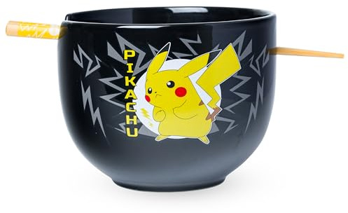 Silver Buffalo Pokemon Pikachu Ceramic Ramen Bowl With Chopsticks, 20oz | Black, 0.6 Liters, Rice Bowl, Matching Chopsticks, Electric Type
