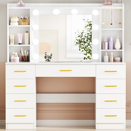 ANWBROAD Dressing Table with Large Mirror and 10 LED Light Globes, White