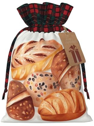 QMNSEHF Christmas Gift Bags Drawstring Santa Bag Xmas Buffalo Burlap Goodie Bags with Gift Tags Treat Bag Painted Bread Wrapping Sacks for Christmas Presents Party Favor Wrap Storage Pouch Small